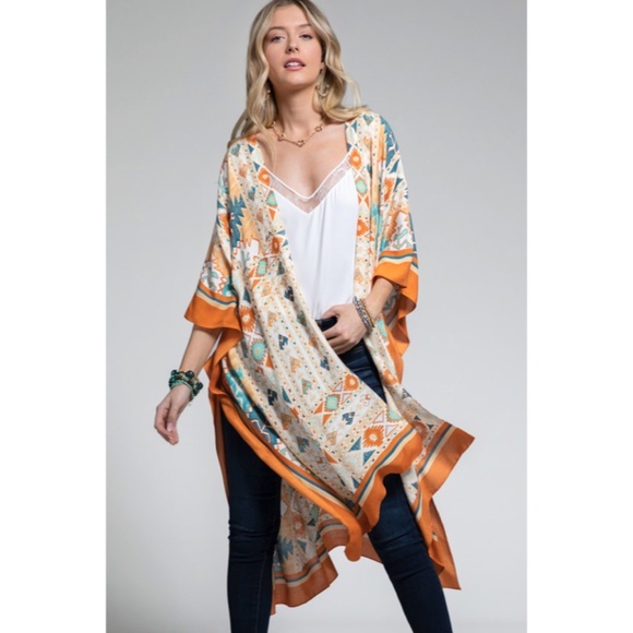 SOLD OUT Navajo Ethnic Western Orange Turquoise Open Bohemian Coverup Kimono - Picture 6 of 7
